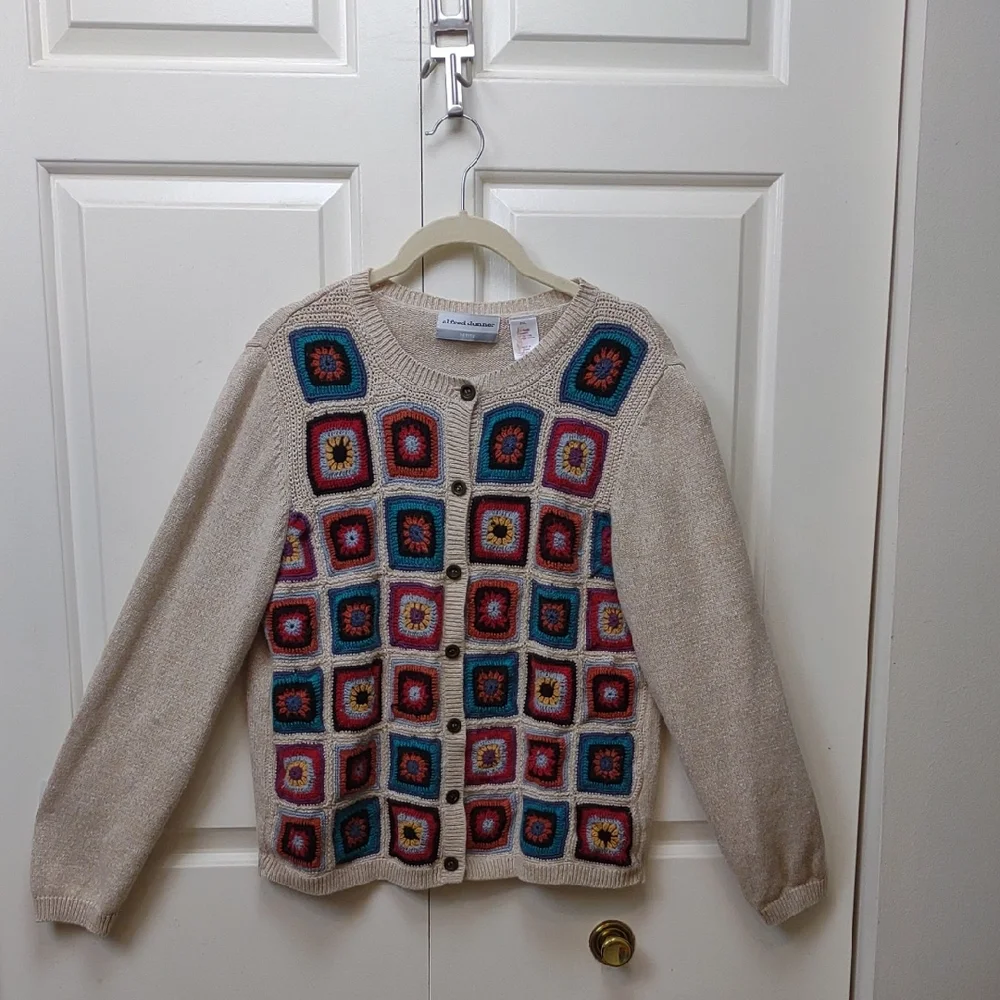 Alfred Dunner Vintage Crochet Granny Square Beige Ramie Cotton Knit Cardigan PXL - Picture 2 of 16